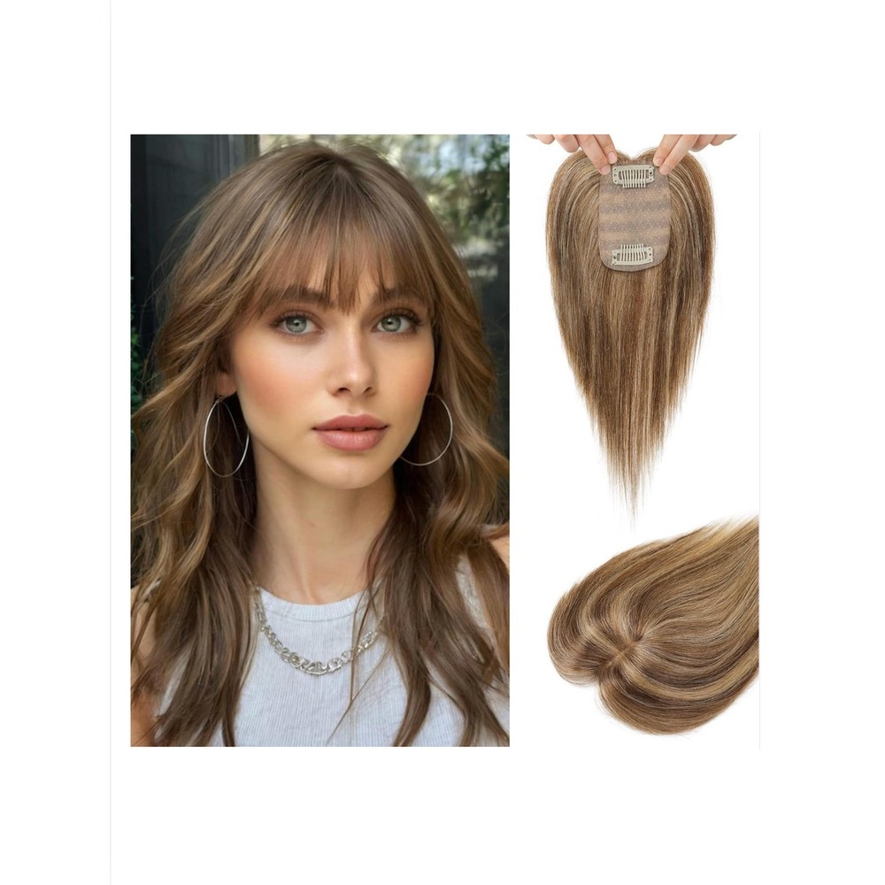 10" Human Hair Topper with Bangs Medium Brown Clip In Hair‎ Extension 3D Base